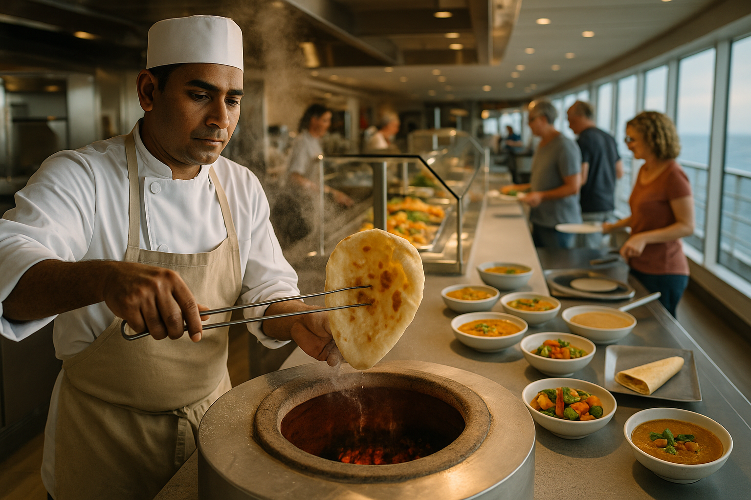 chef pulling fresh naan bread from a hot tandoor oven