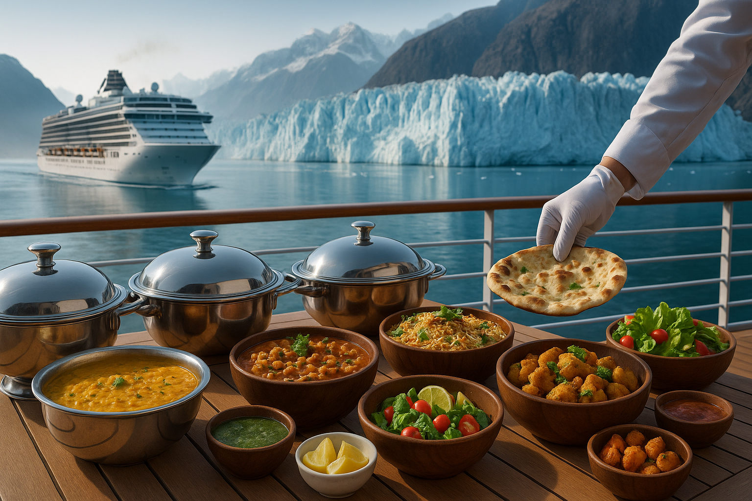 cruise ship passing Alaskan glaciers with a close-up of a Halal Indian buffet spread