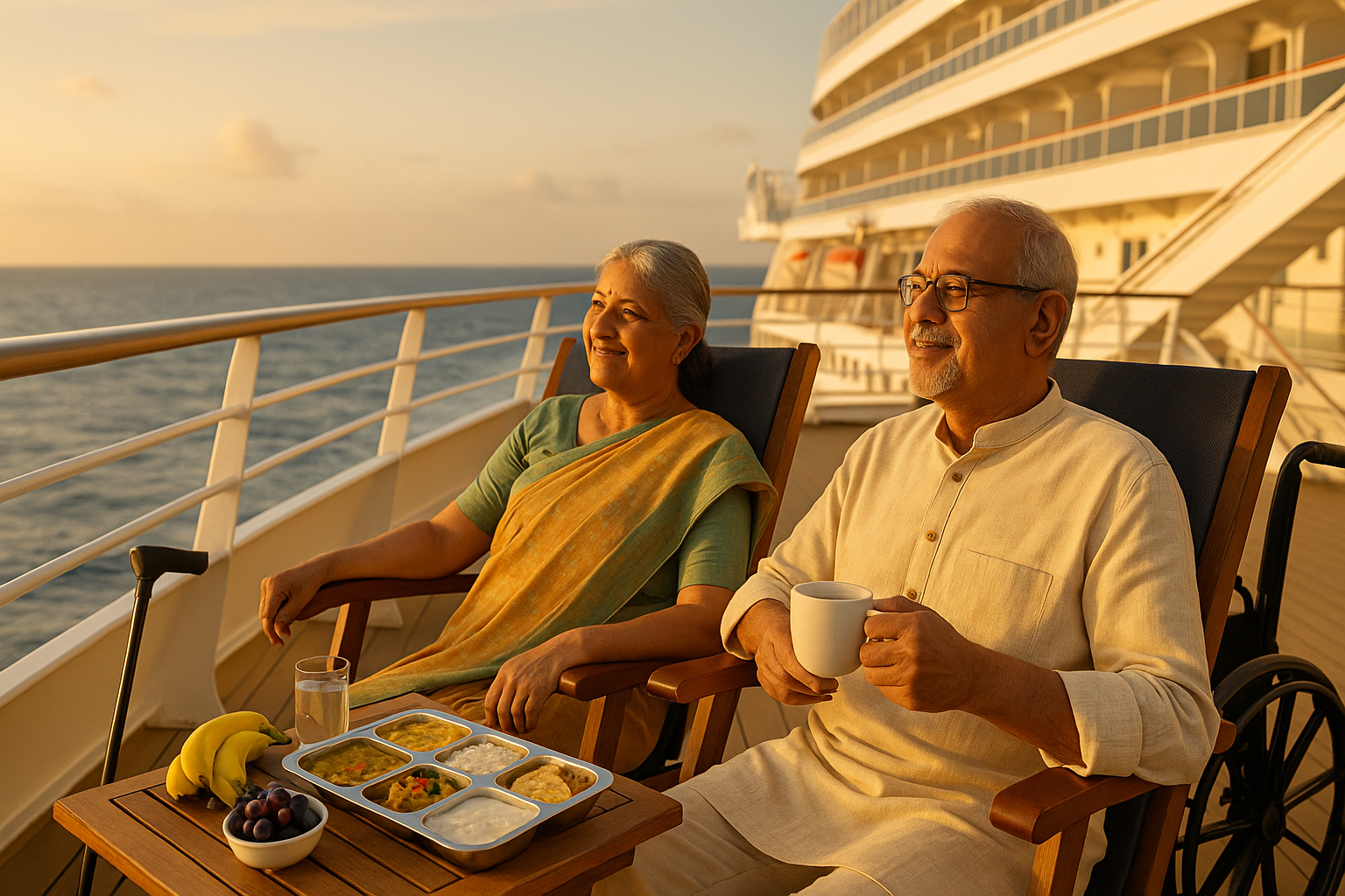 elderly couple relaxing on deck chairs and enjoying the sea breeze