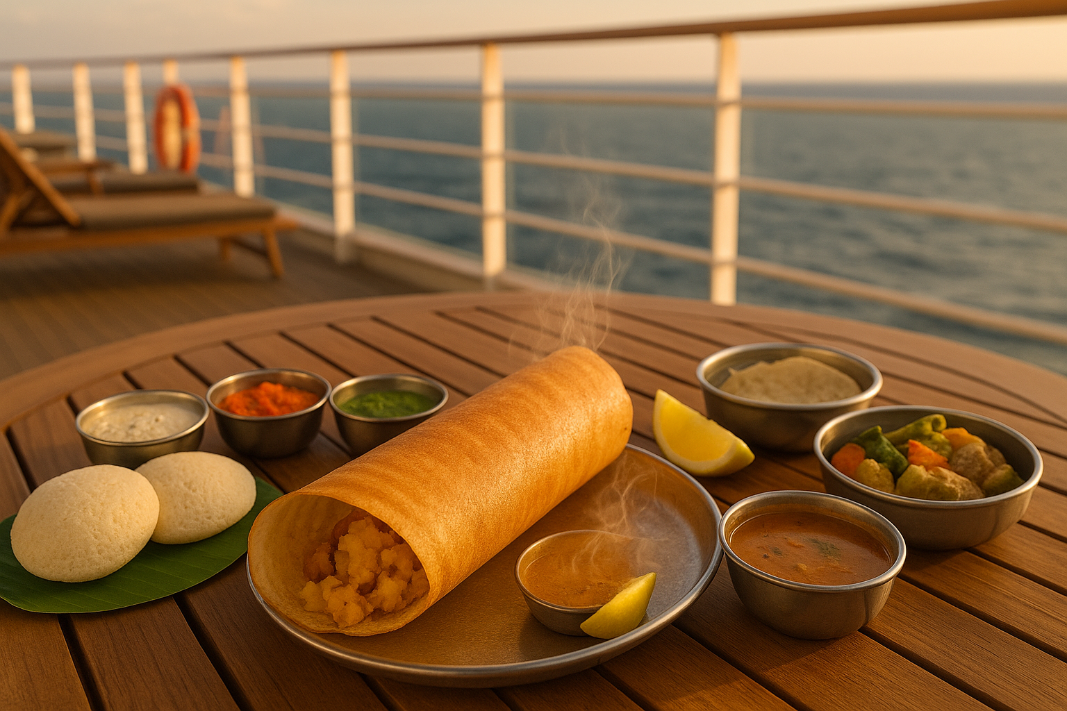 freshly made masala dosa and assortment of colorful chutneys