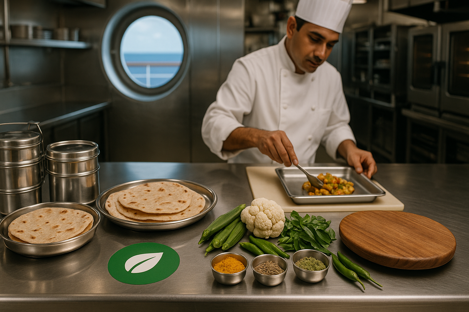 stainless steel kitchen counter with green vegetarian only signage