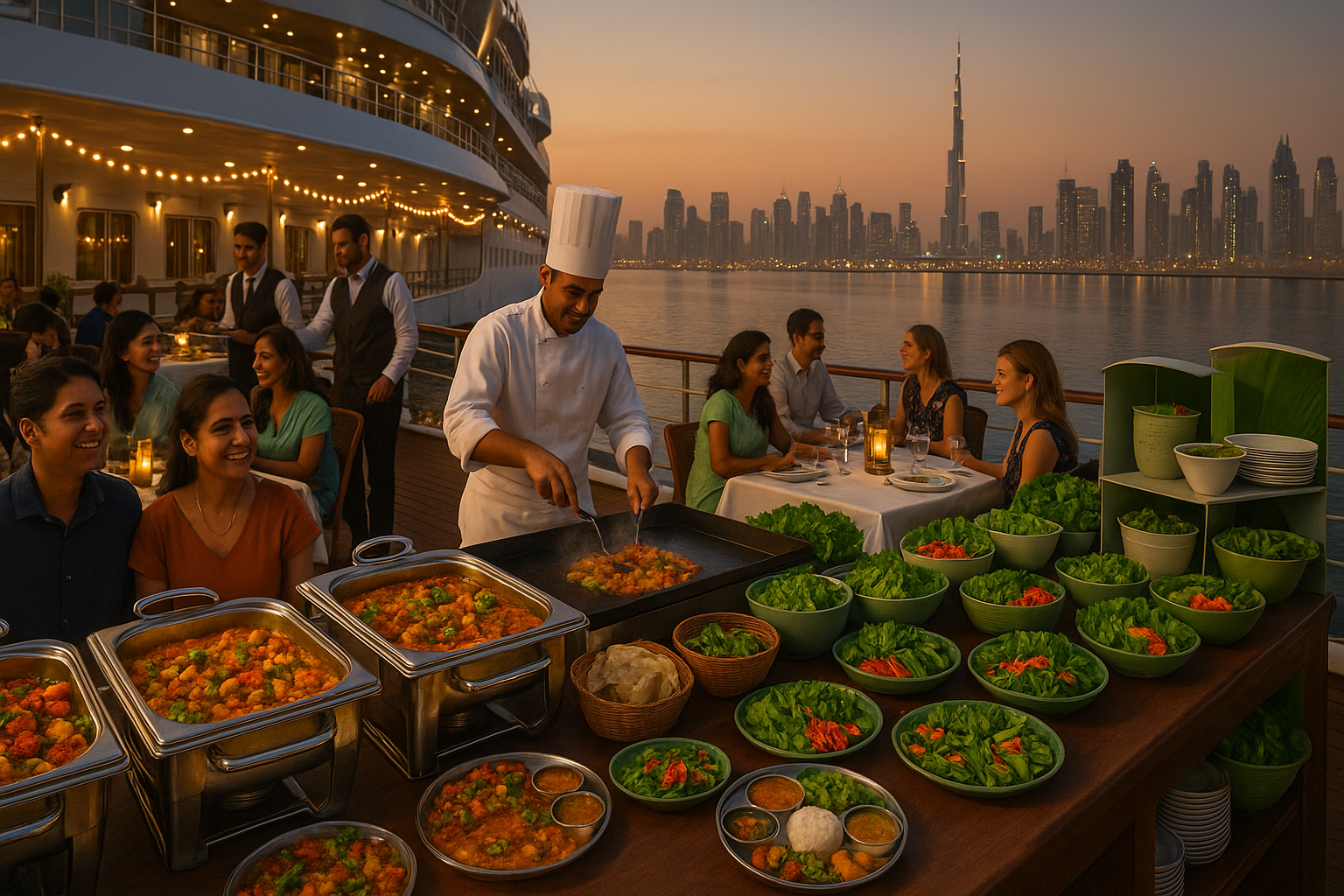 luxury cruise ship in Dubai harbor featuring authentic Jain and Indian meals