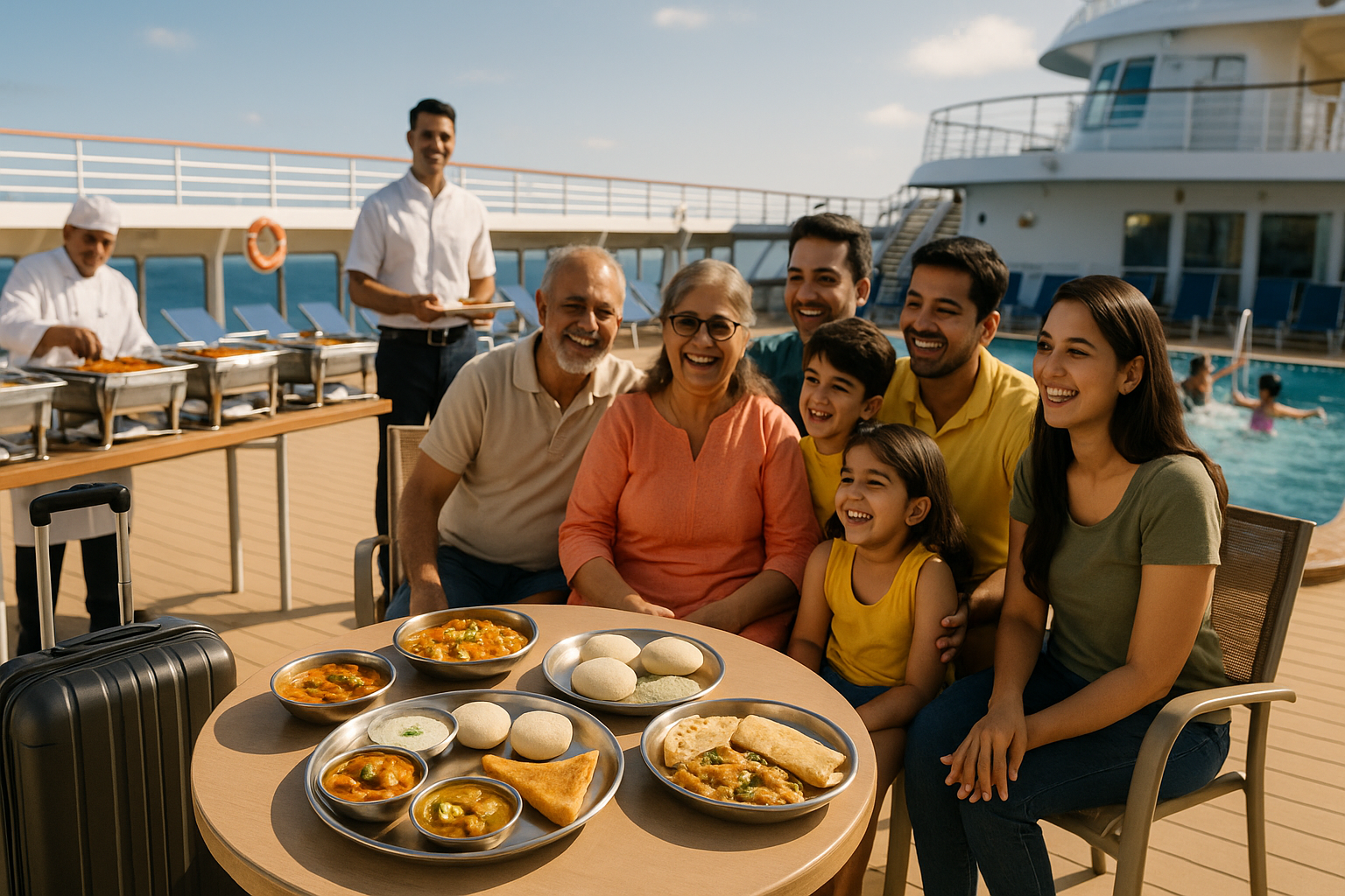 happy Indian family and cruise ship pool deck on a sunny day