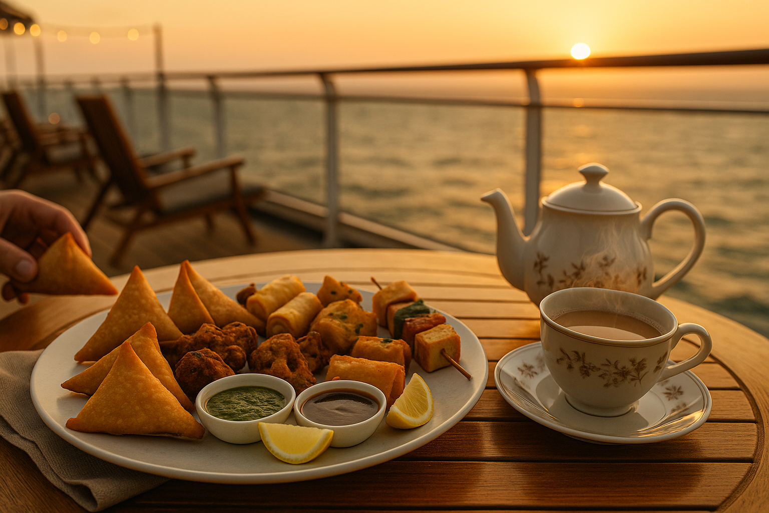 plate of crispy samosas and elegant teacups overlooking the ocean