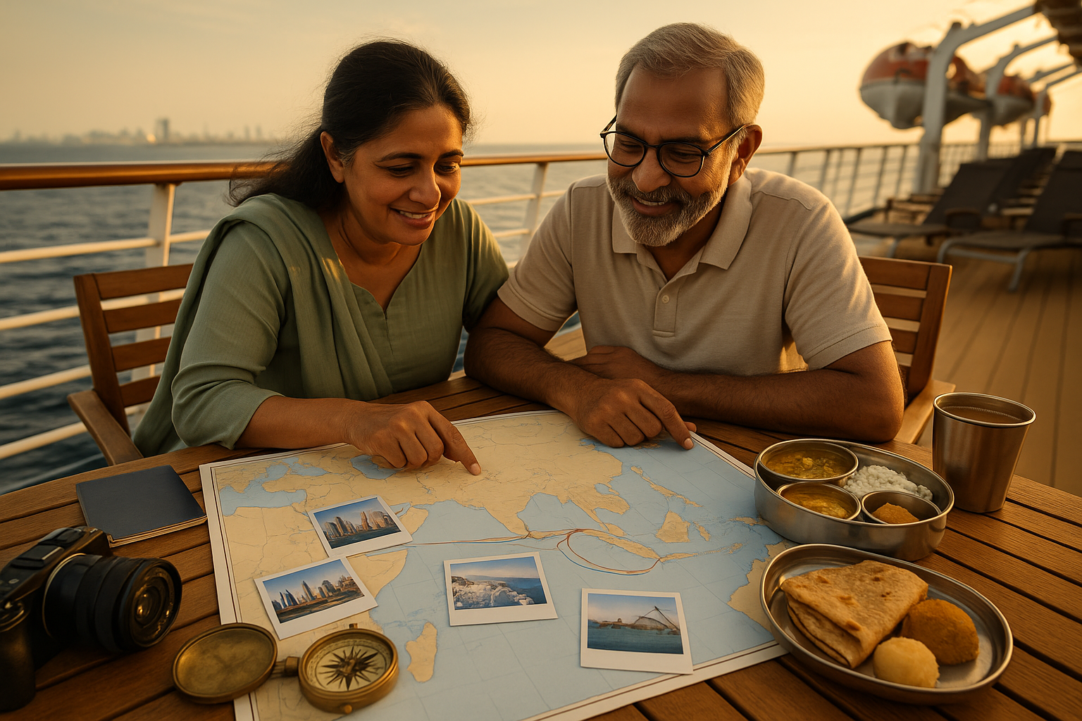 cruise maps, compass roses, and iconic port photos for planning