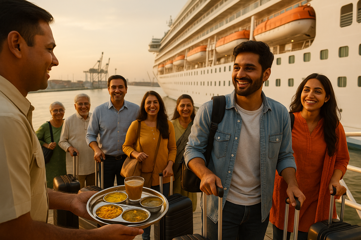 excited passengers walking up the ship gangway with luggage