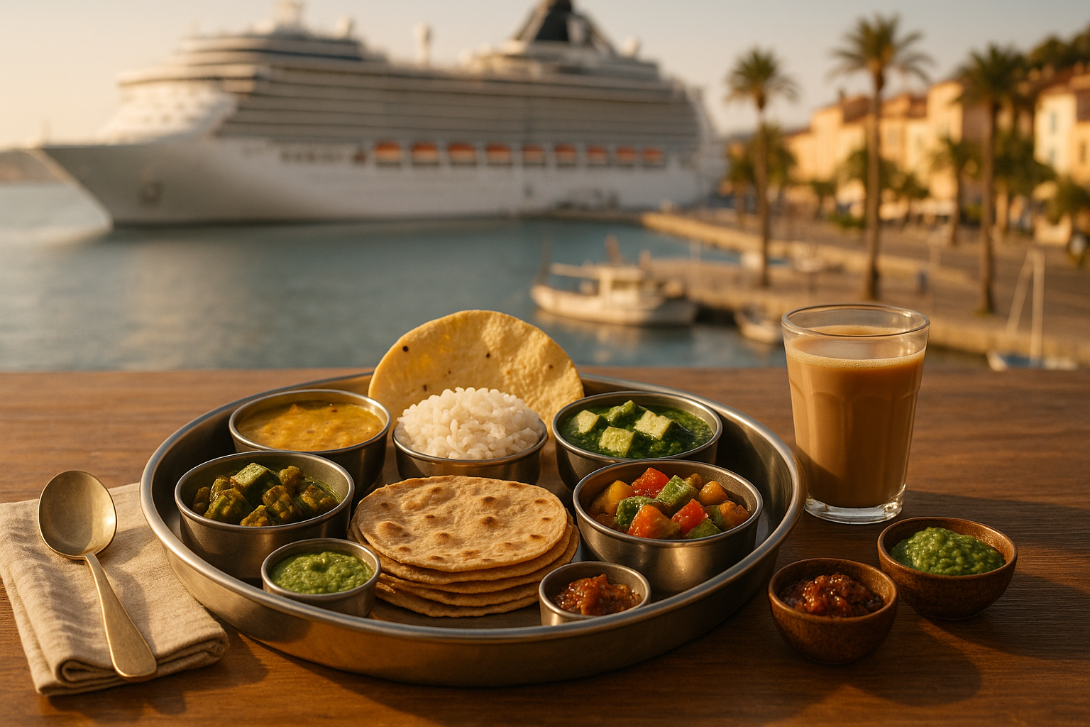 scenic Mediterranean port view with a traditional Indian thali in the foreground