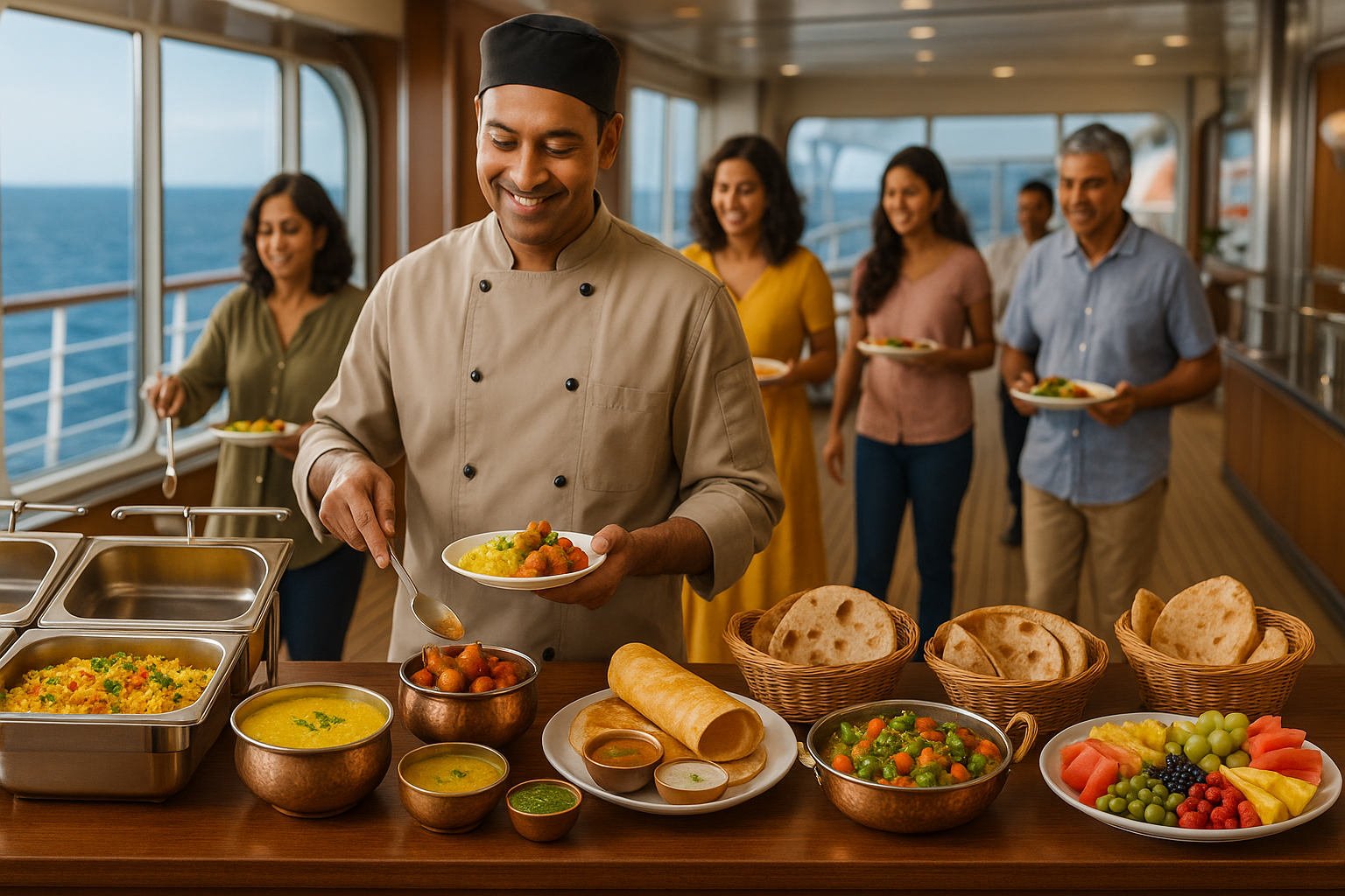 vibrant buffet area with traditional Indian vegetarian and Jain dishes