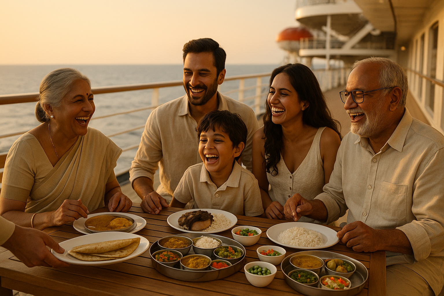 three generations of an Indian family laughing on a cruise deck