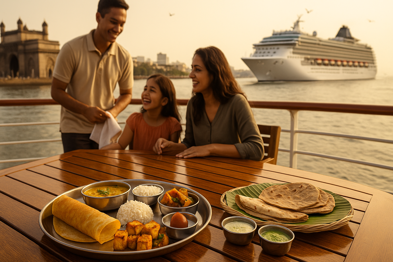 Gateway of India background with a modern cruise ship departing