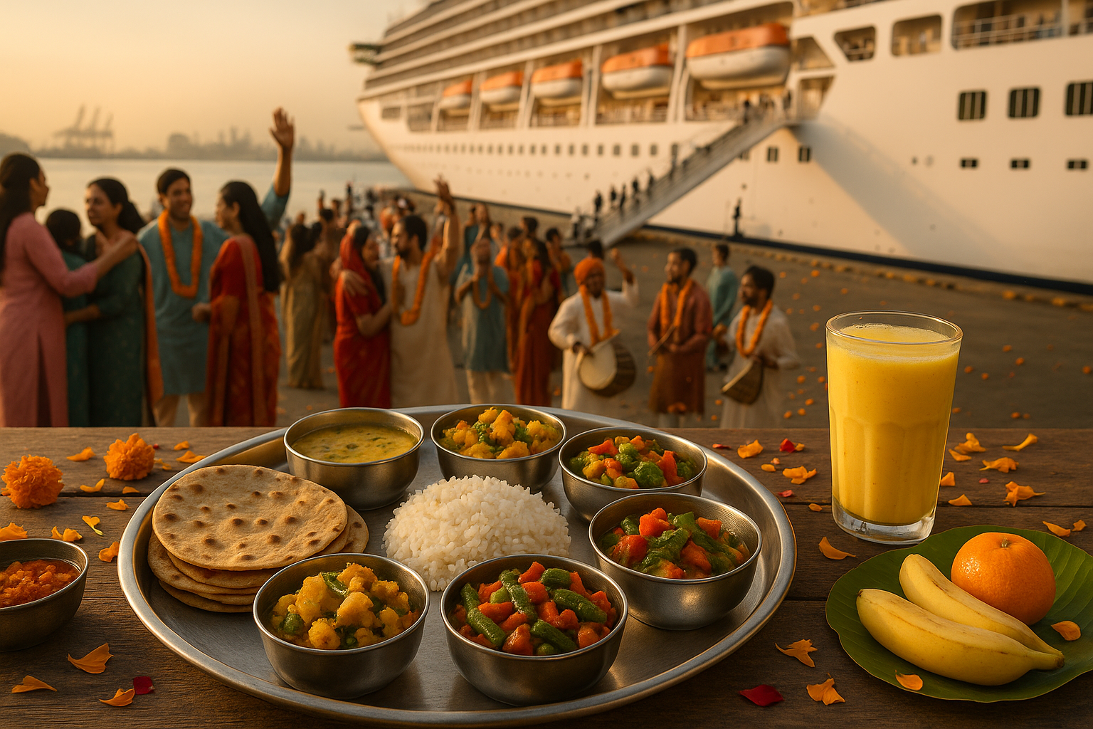 cruise ship docked in Mumbai and festive departure celebration
