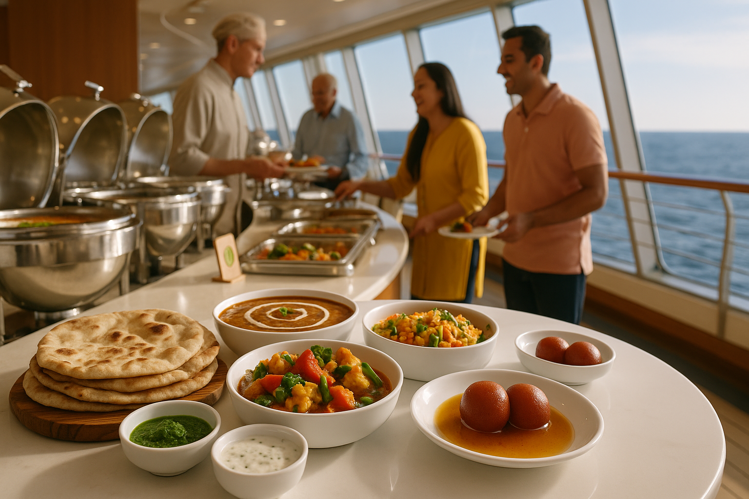 traditional Indian feast with naan, dal, and desserts on a Princess cruise ship