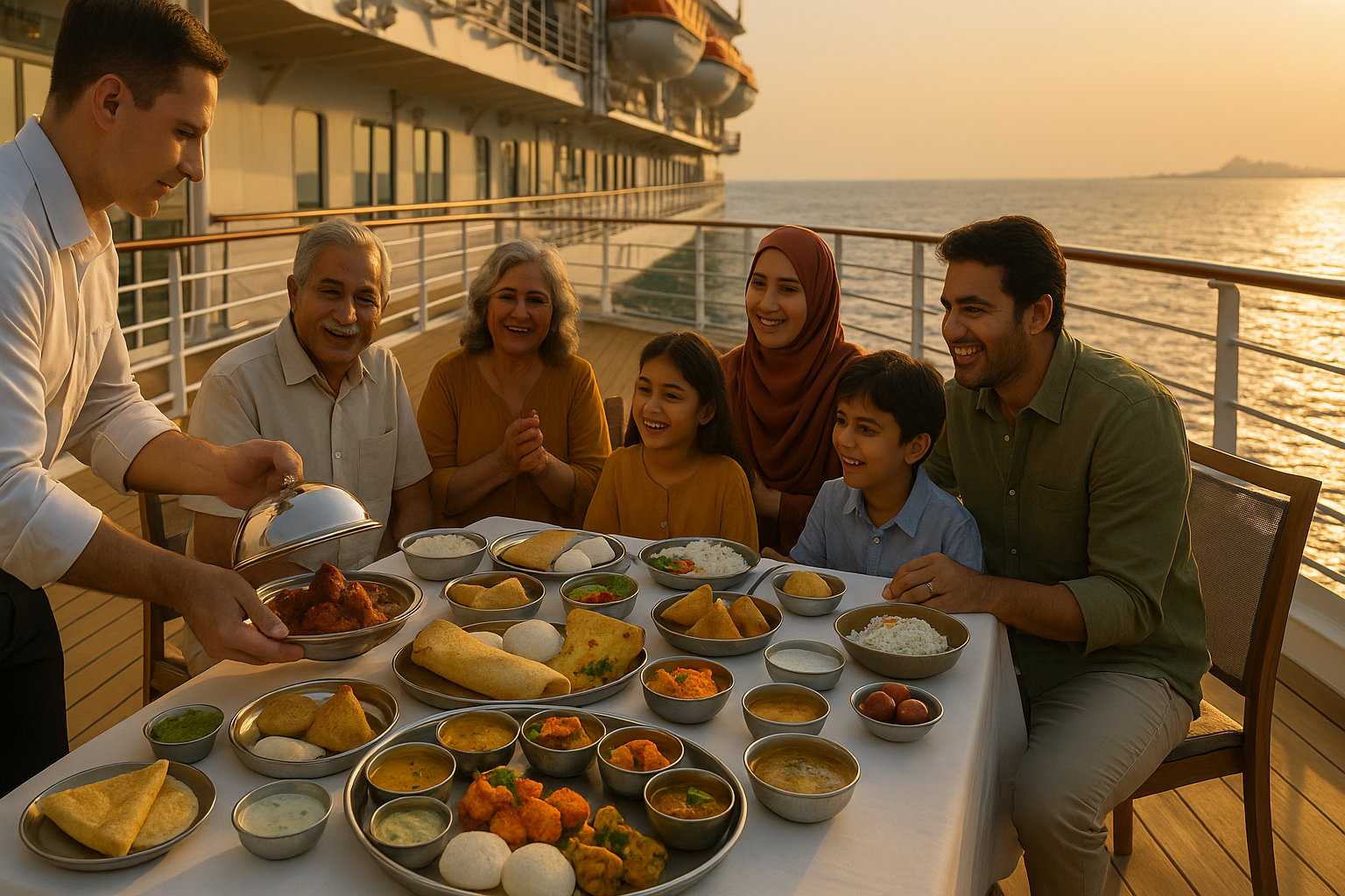 diverse platter of authentic Indian and Halal-certified dishes at sea
