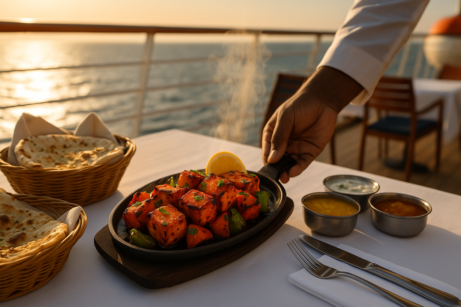 sizzling platter of paneer tikka and garlic naan basket