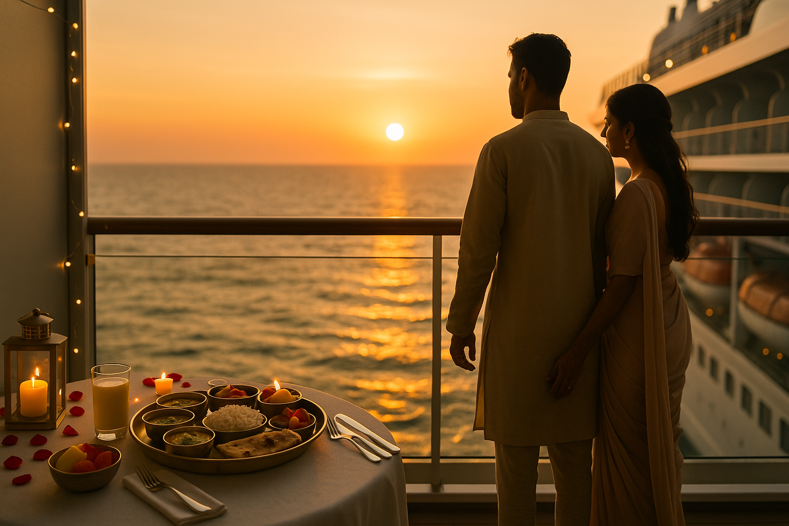 newlywed couple holding hands and watching the sunset from a balcony
