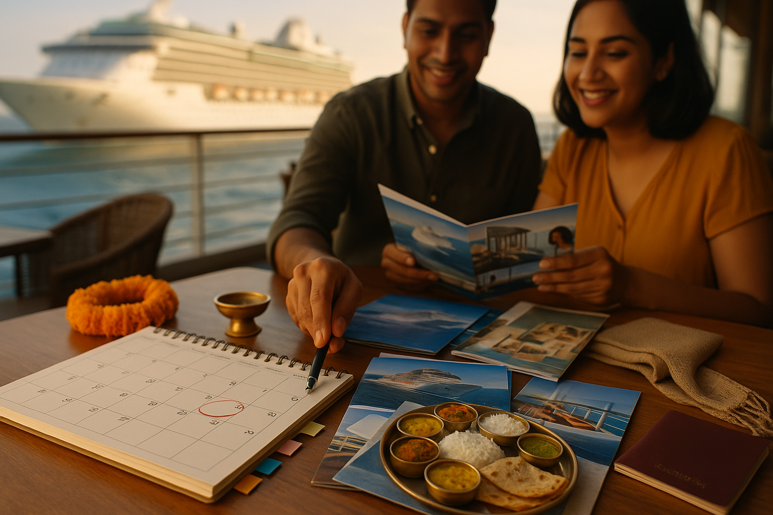 marked calendar dates and travel planner reviewing cruise brochures