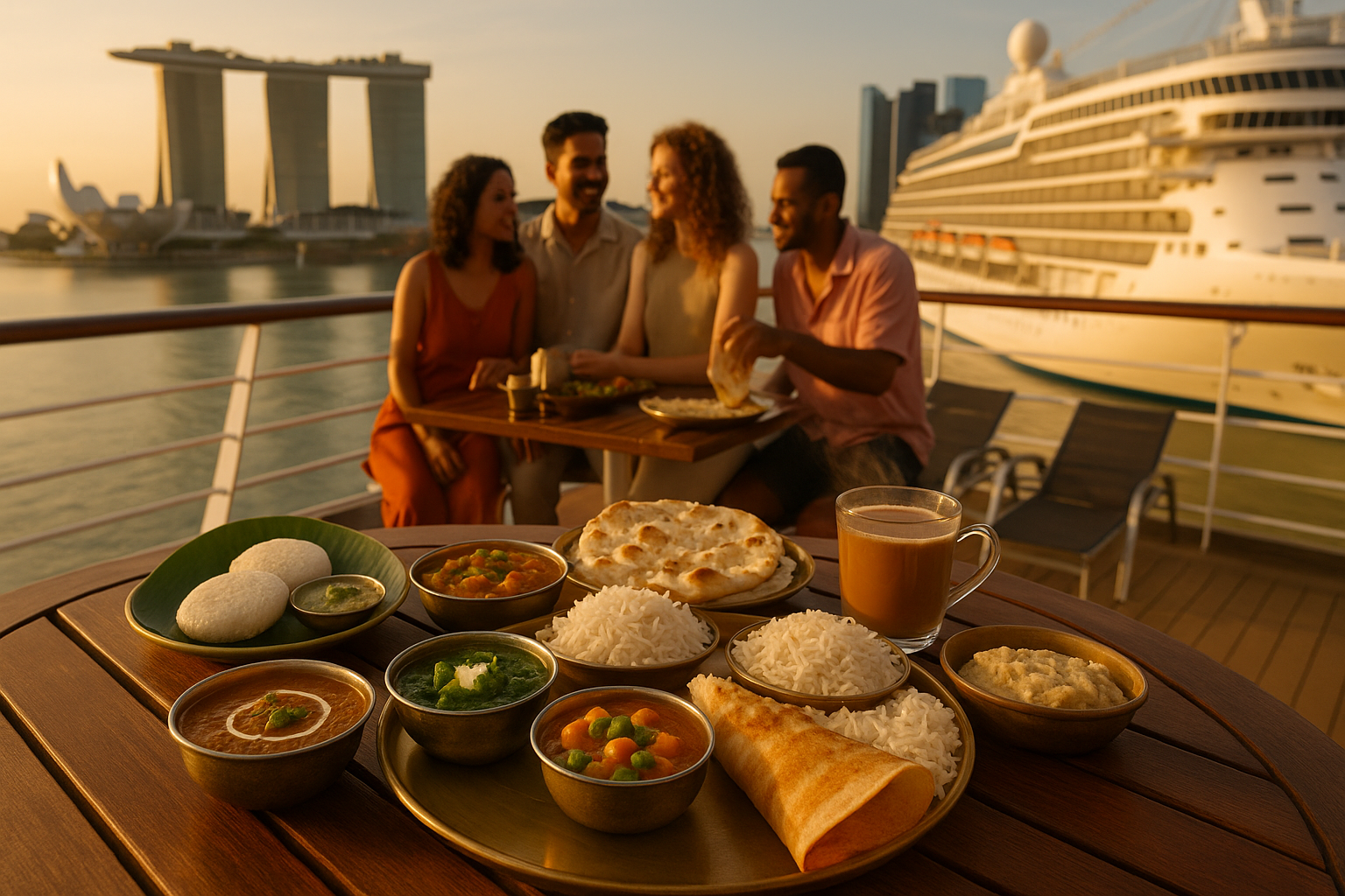 Singapore's Marina Bay Sands skyline with a variety of Indian vegetarian dishes