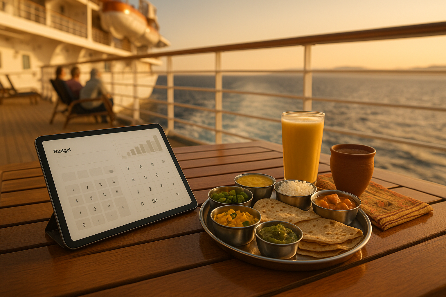 digital calculator tool overlaid on a cruise ship background