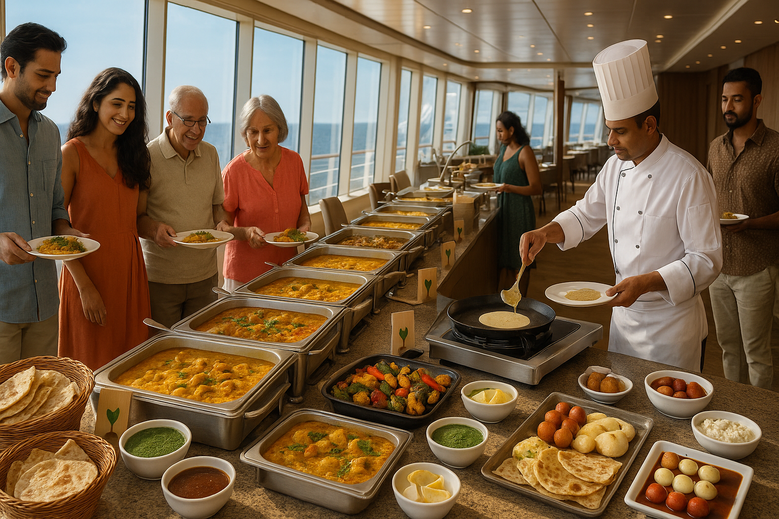 long buffet counter filled with hot Indian curries and fresh naan
